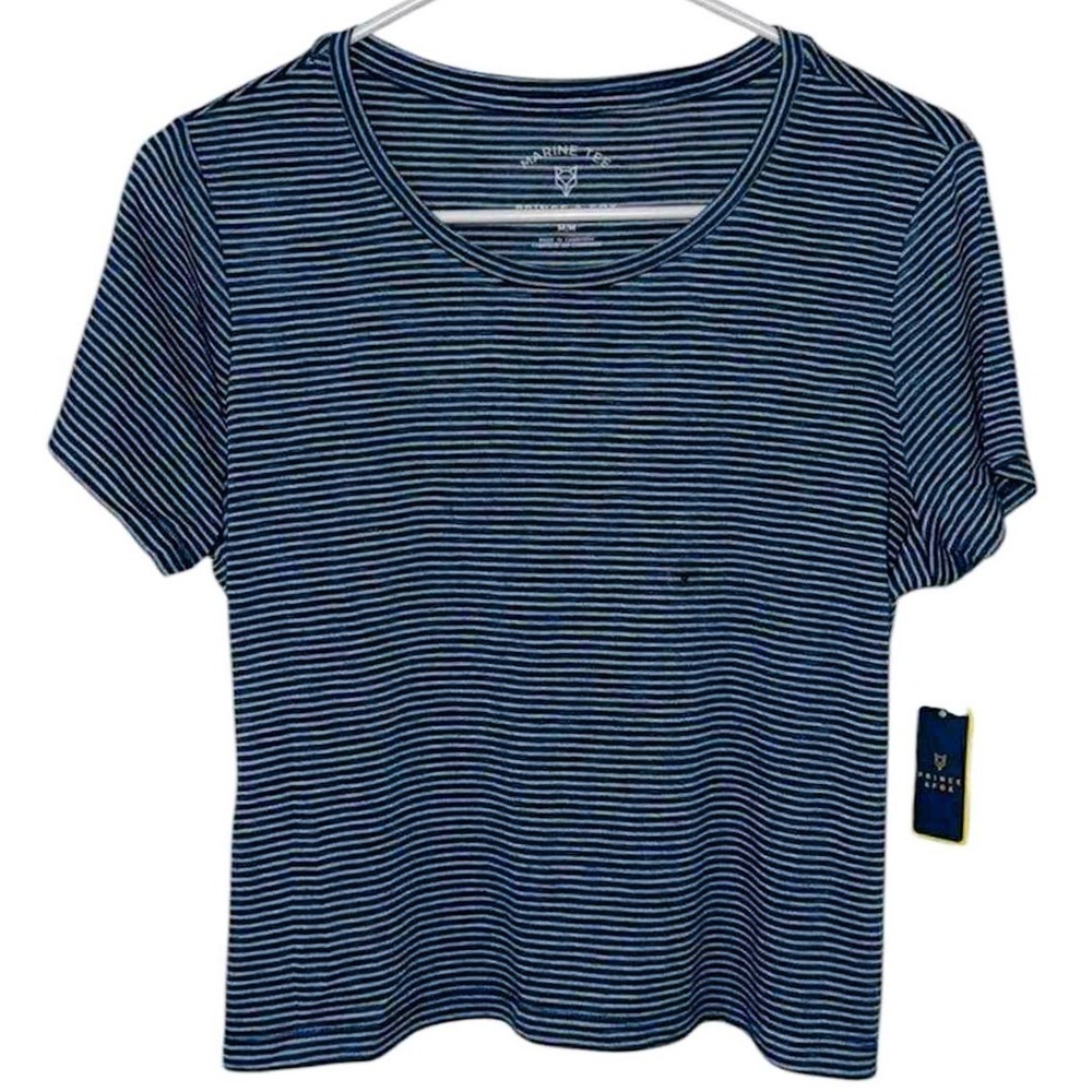Prince & Fox Women's Medium Blue Stripe Short Sleeve Cropped Tee Shirt Top NWT